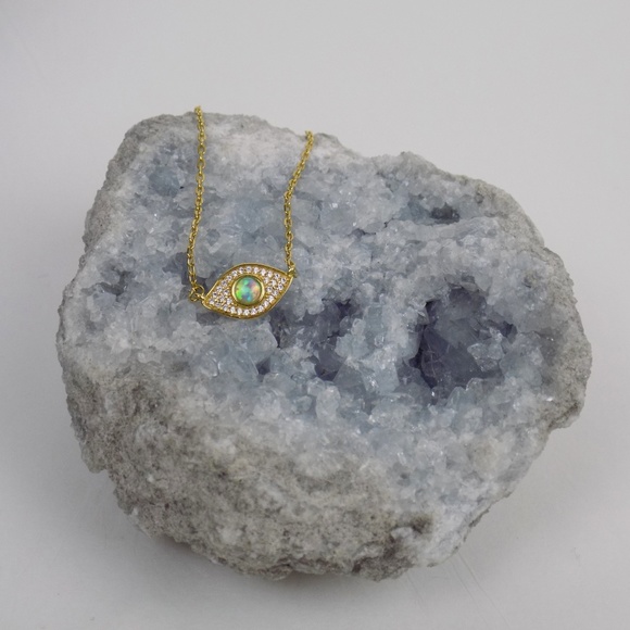 opal CZ evil eye layering necklace gold dainty - Picture 4 of 5